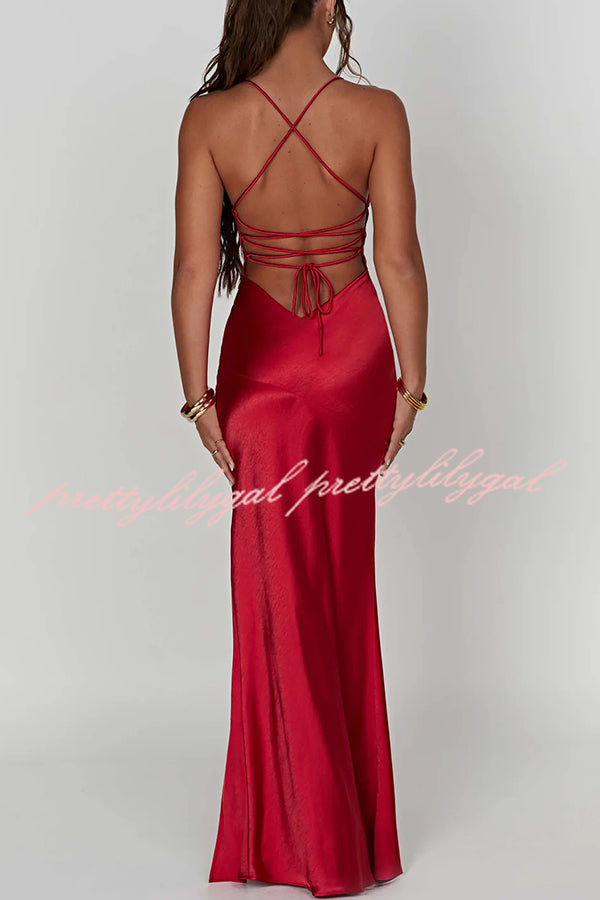 Satin Solid Color Sexy Backless Lace Up High Slit Maxi Dress