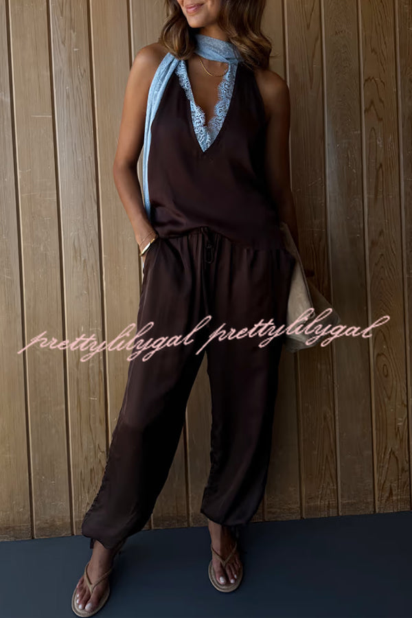 Sunday Social Satin Drawstring Elastic Waist Pocketed Loose Jogger Pants