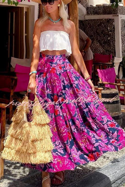 Floral Fantasy Printed High Rise  Back Elastic Waist Maxi Skirt