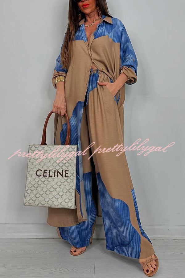 Unique Printed Casual Loose Long Shirt and Elastic Waist Pocket Wide Leg Pants Set