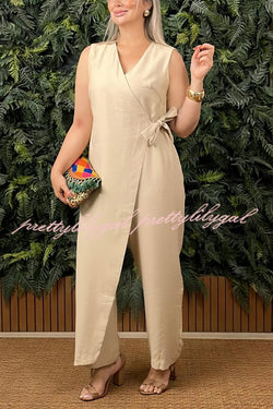 Linen Blend Solid Color V-neck Tie Loose Jumpsuit