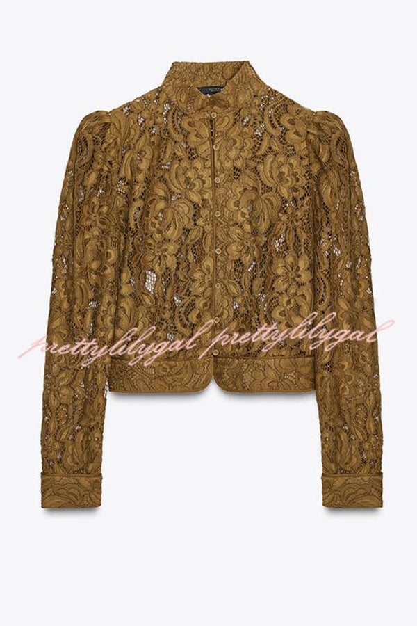 Palace Style Crochet Flower Lace Stand Neck Button Puff Sleeve Jacket