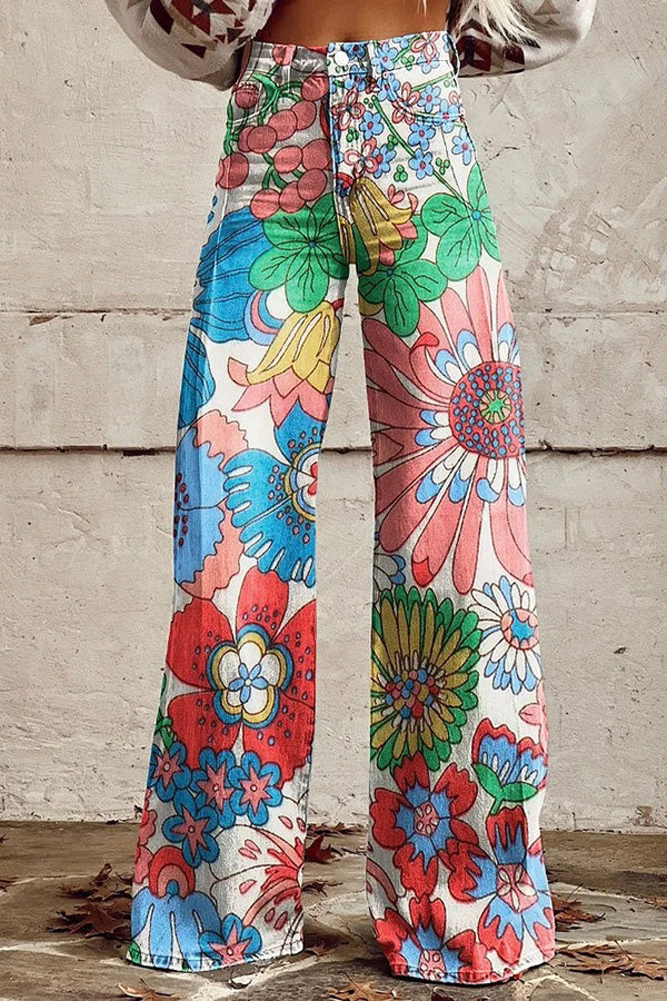 Beautiful Unique Print Button Pocket Wide Leg Pants