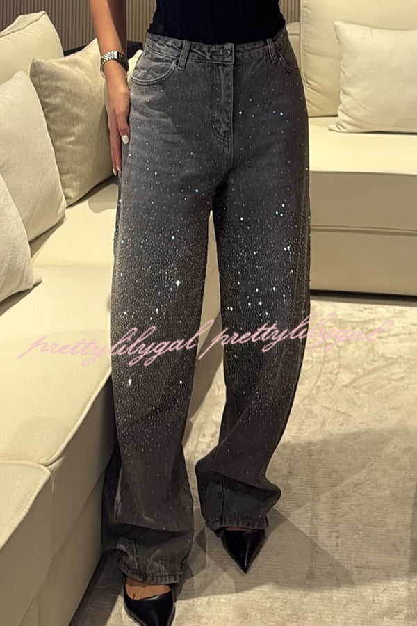 Fashion Star Rhinestone High Rise Casual Pocket Straight Loose Jeans