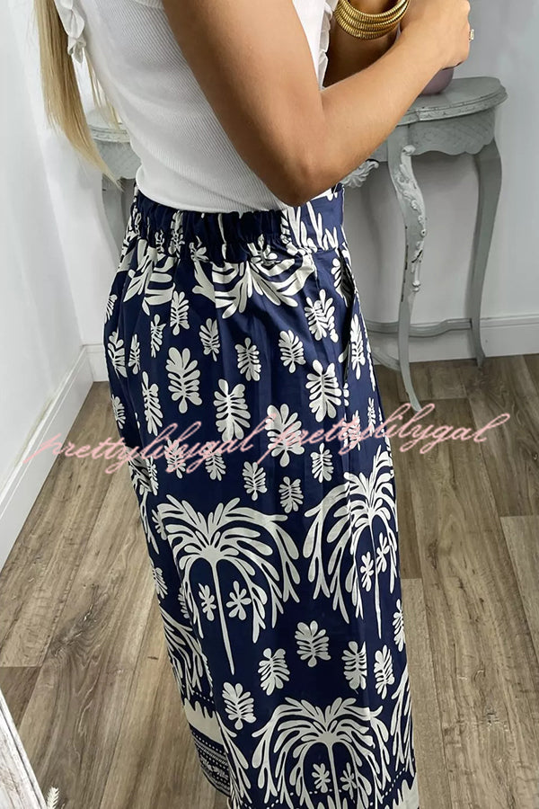 Unique Print Elastic Waist Loose Pocket Holiday Wide Leg Pants