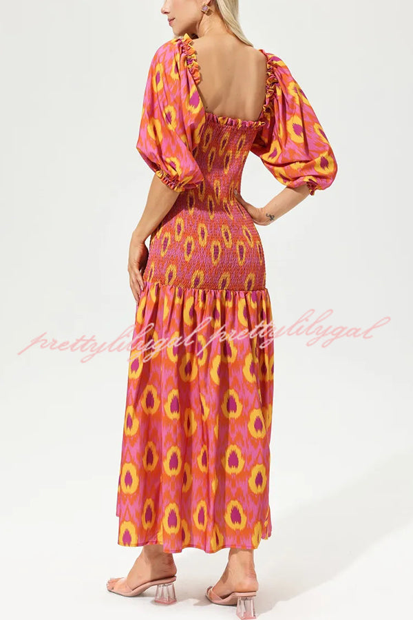 Venita Unique Printed Off Shoulder Balloon Sleeve Smocked Midi Dress