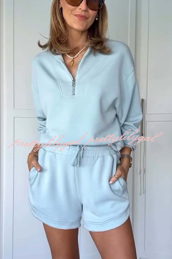 Travel Partner Half-Zip Neck Long Sleeve Sweatshirt and Elastic Waist Pocket Shorts Set