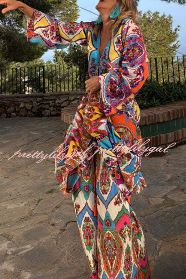 Colorful Day Unique Print Bell Sleeve Cutout Waist Layered Maxi Dress