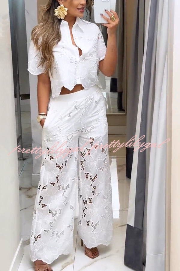 Solid Color Hollow Lace Lapel Short-sleeved Top and Elastic Waist Loose Pocket Pants Set