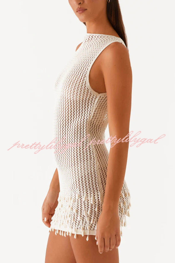 Fashion Knit Hollow Beaded Tassel Embellished Sleeveless Slim Mini Dress
