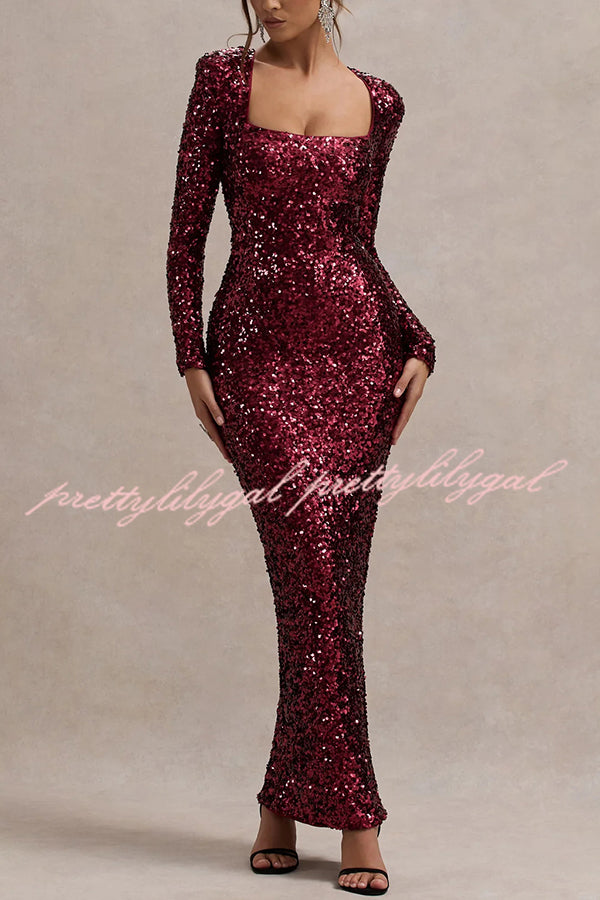 My Dream Sequin Square Neck Long Sleeves Slit Maxi Dress