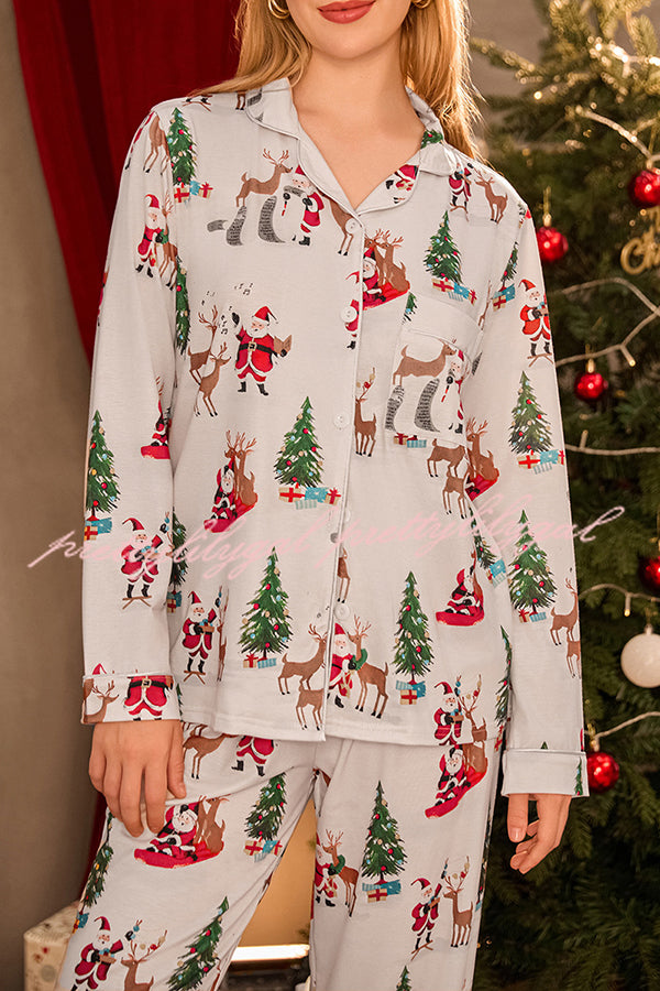 Christmas Holiday Print Long Sleeve Pocket Top and Elastic Waist Loose Pants Set