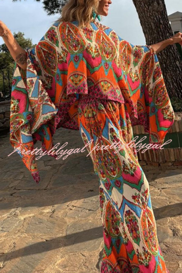 Colorful Day Unique Print Loose Cape and Elastic Waist Pocketed Pants Set