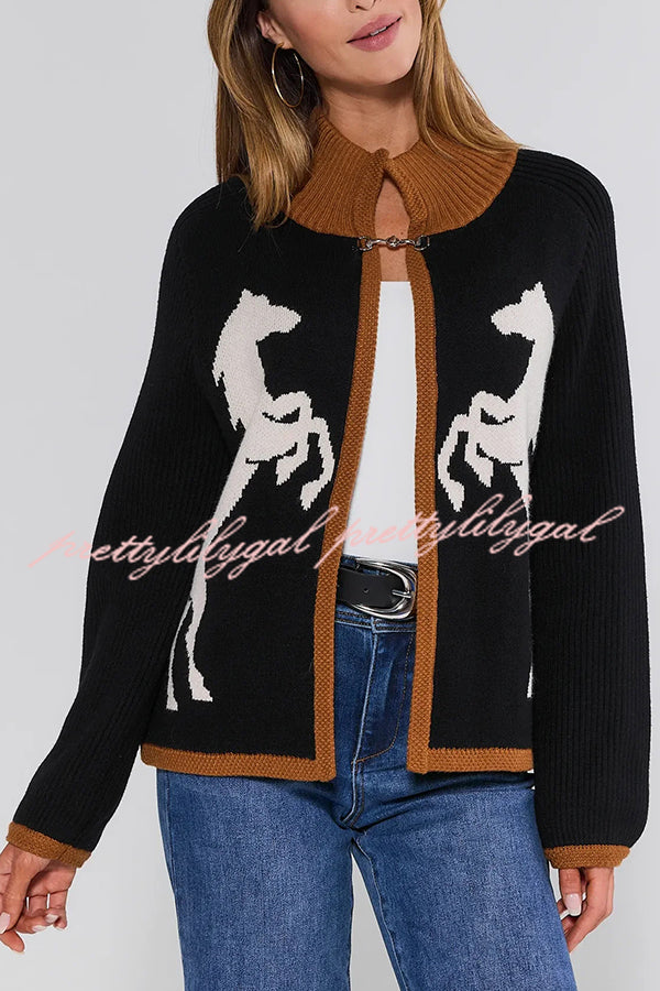 Stylish White Horse Pattern Casual Long-sleeved Knitted Cardigan