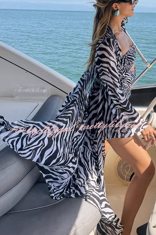 Marsie Zebra-print Elastic Drawstring Waist Long Bell Sleeve Cover-up Kimono