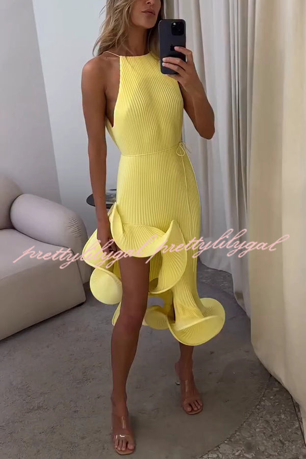 Solid Color Sleeveless Waist Tie Irregular Ruffle Slim Midi Dress