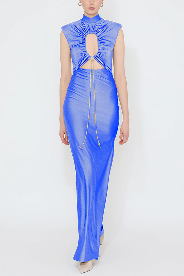 Genis Hollow Elastic Bust High Neck Sleeveless Gathered Maxi Dress