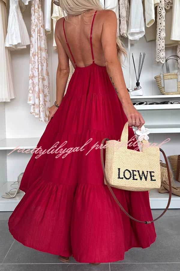 Bohemian Style V-neck Backless Slip Layered Vacation Maxi Dress