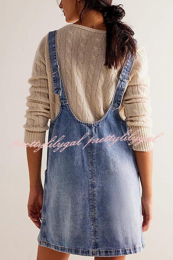 Solid Color Sleeveless V-neck Pocket Adjustable Denim Suspender Mini Dress