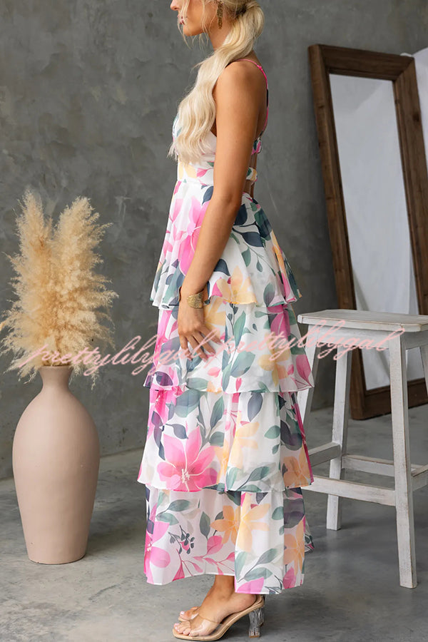 Dreamy Destiny Floral Print Elastic Back Tiered Maxi Dress