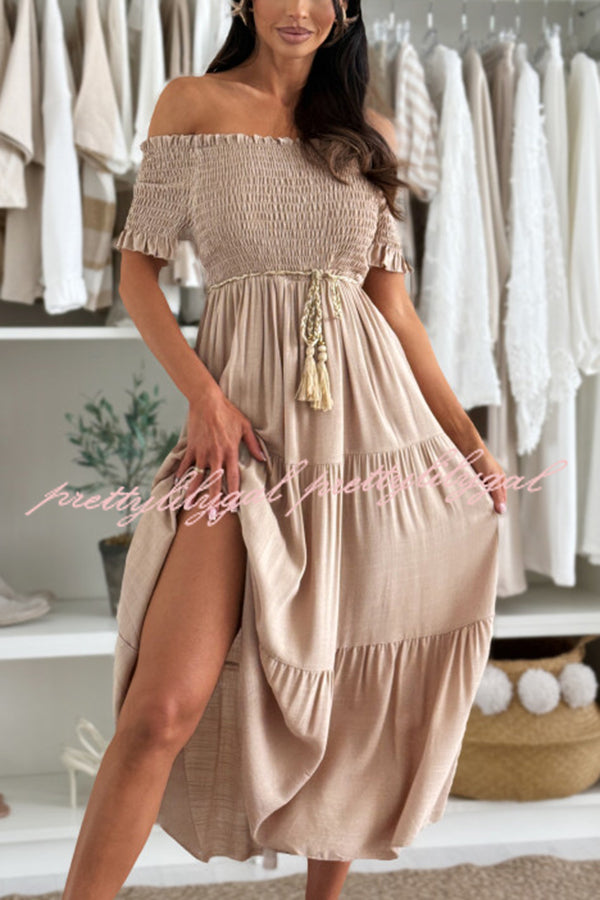 Solid Color Off-the-shoulder Pleated Waist Midi Dress