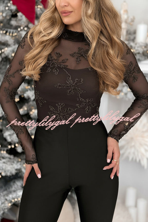 Must-have for Date Mesh Embroidery High Neck Long Sleeve Stretch Top