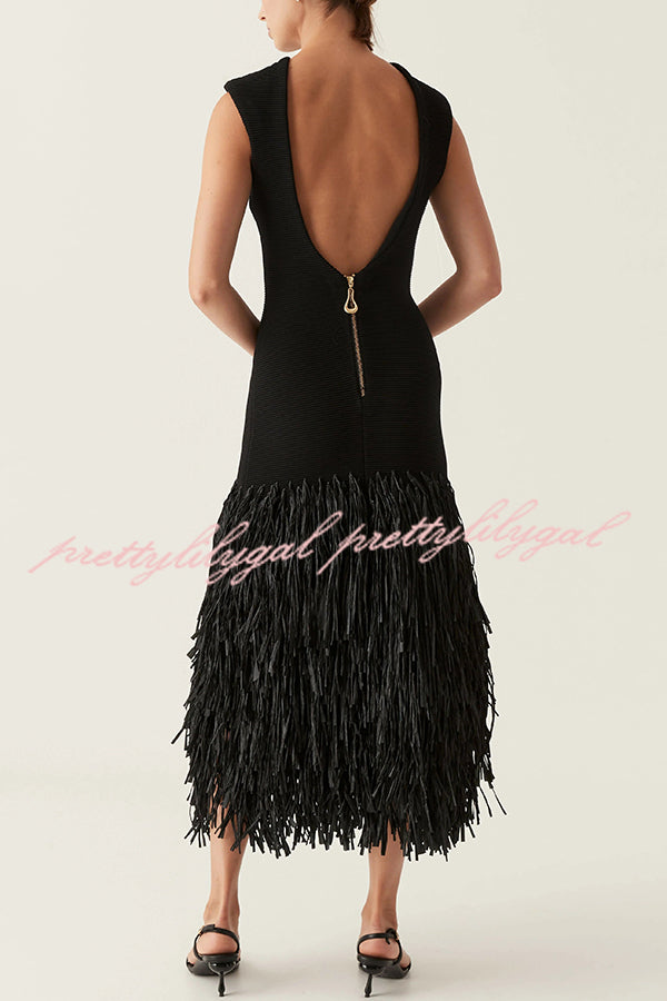 Christie Ribbed Patchwork Tiered Fringed Hem Zipper Backless Maxi Dress