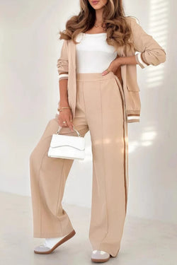 Solid Color Lapel Long Sleeve Loose Blazer and Elastic Waist Casual Pocket Wide Leg Pants Set