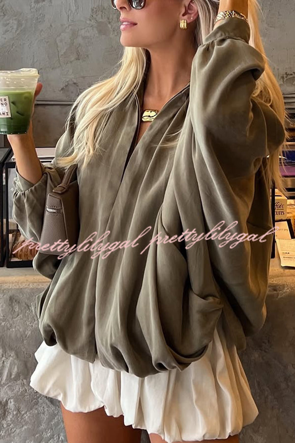 Fashion Lapel Loose Puff Long Sleeve Casual Zipper Jacket