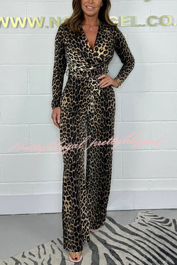 Fashion Leopard Print V-Neck Long Sleeve Lace-Up Casual Jumpsuit