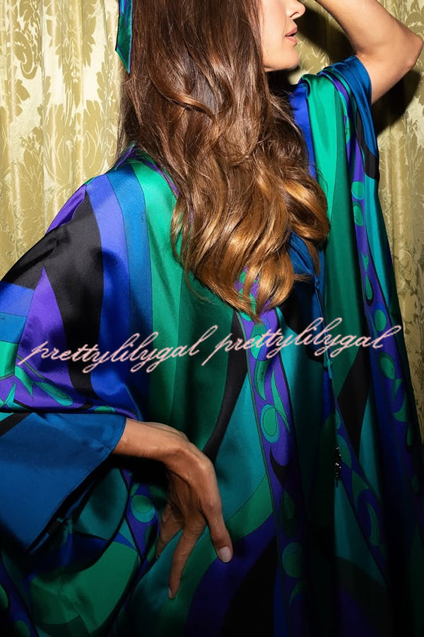Holiday Choice Satin Unique Print Drape Wide Sleeve Loose Kaftan Maxi Dress