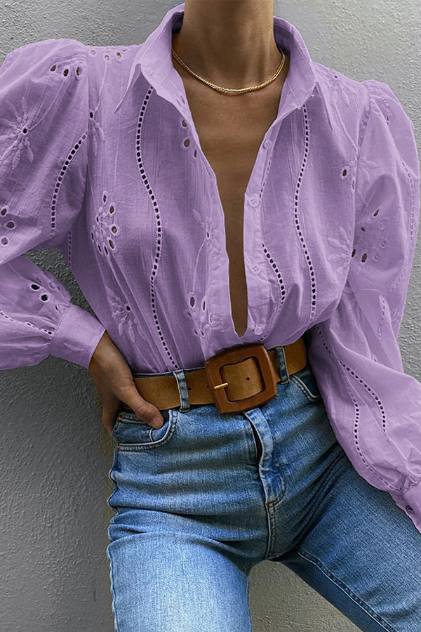Fashion Hollow Puff Sleeve Casual Lapel Loose Shirt