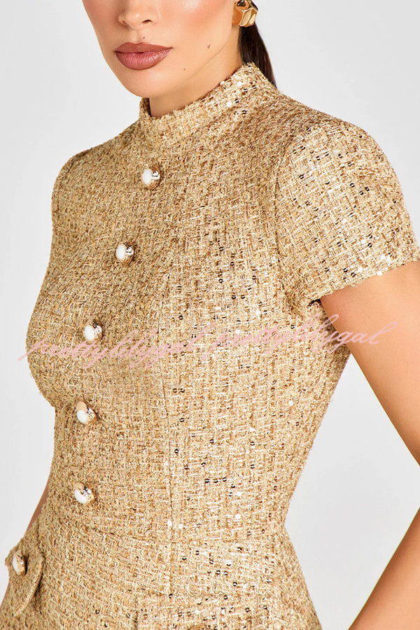 Gold Standard Tweed Fabric Pearl Button Short Sleeve Pocketed Mini Dress Gold Standard Tweed Fabric Pearl Button Short Sleeve Pocketed Mini Dress