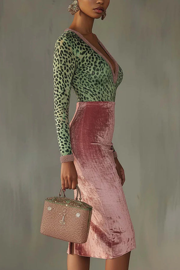 Fashionable Velvet Patchwork Stretch Slim Midi Dress