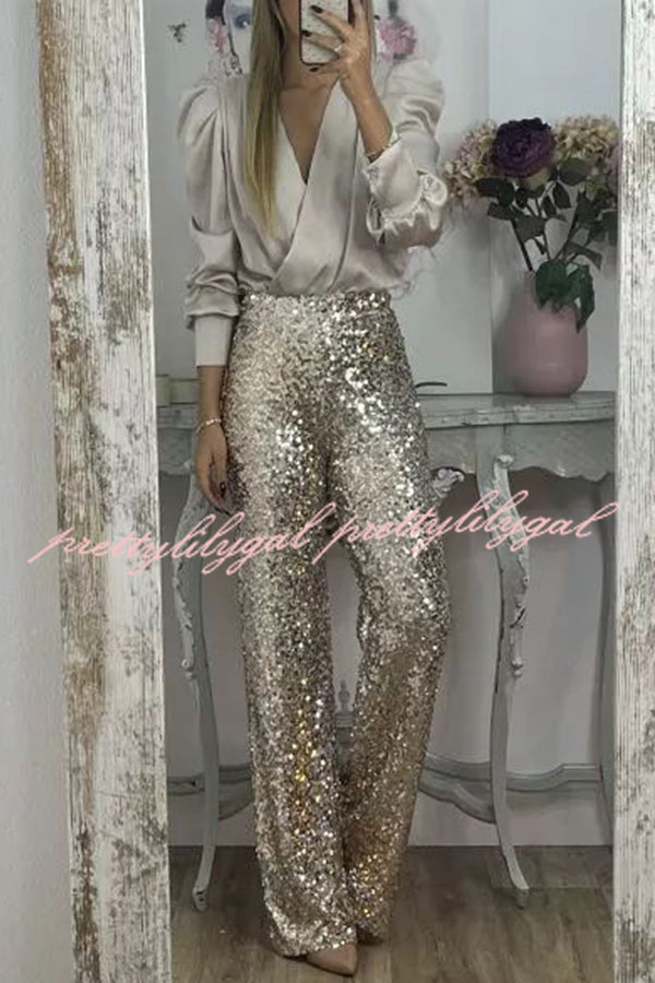 Glitzy Glamour Sequin High Rise Elastic Waist Wide Leg Pants