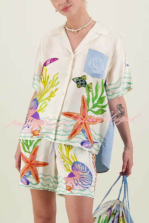 Coastal Seashell Satin Unique Print Pocket Loose Shirt and Elastic Waist Shorts Set