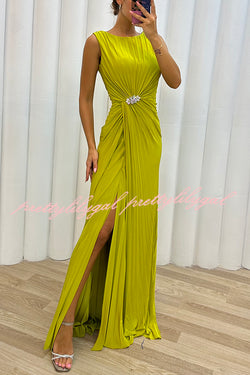 Pretty Special Pleated Embellished Slit Evening Maxi Dress