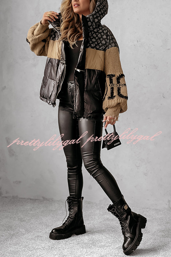 Stylish Denim Knit Long-sleeved Patchwork Hooded Pocket Thickened Jacket