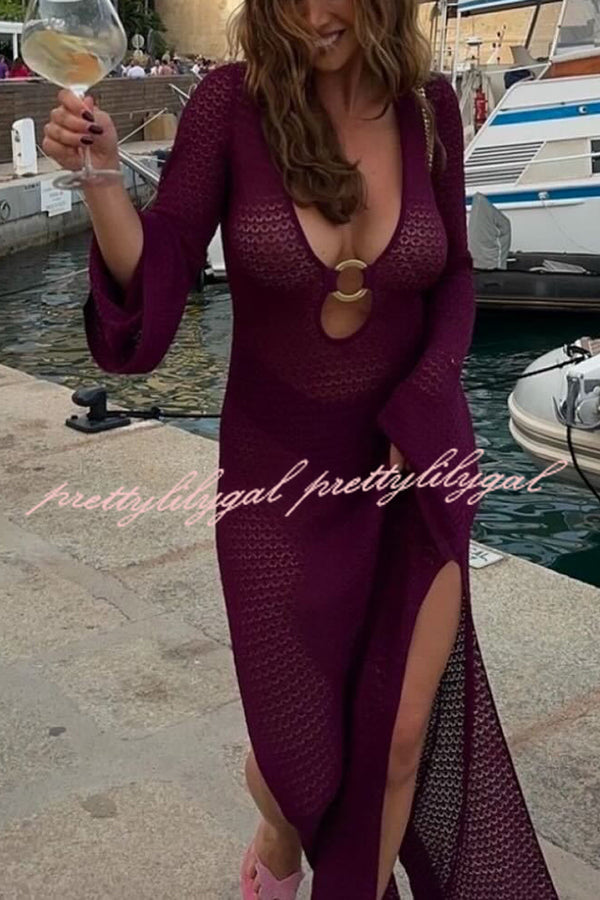 Seaside Goddess Crochet Knit Hollow Out Golden Ring Long Sleeve Cover-up Maxi Dress