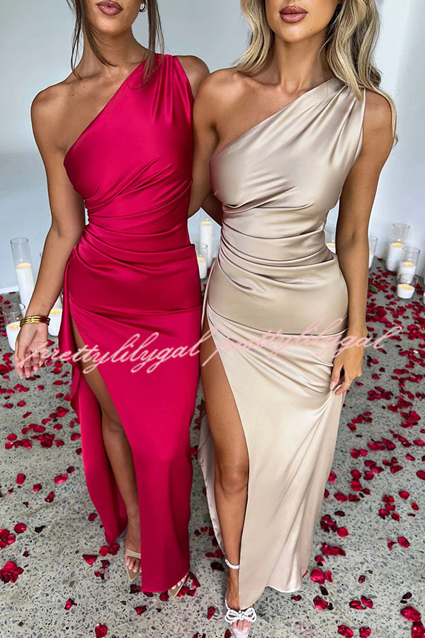 Fits Your Curves Satin One Shoulder Drape Slit Maxi Dress