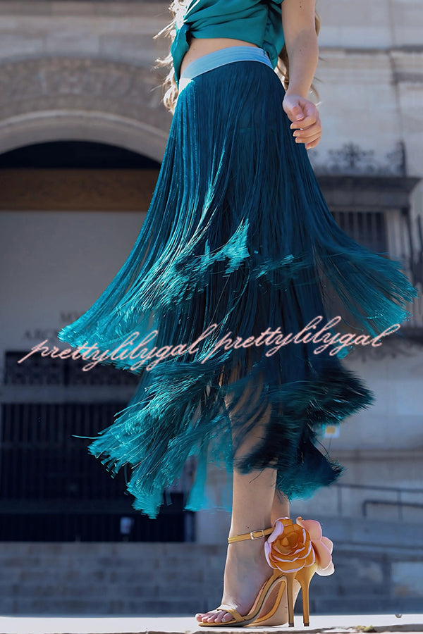Elegant Tassel Hem Elastic Waist Casual Maxi Skirt