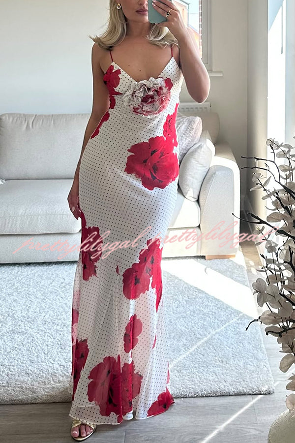 Vanna Poka Dot Floral Print 3D Flower Detail Slip Maxi Dress
