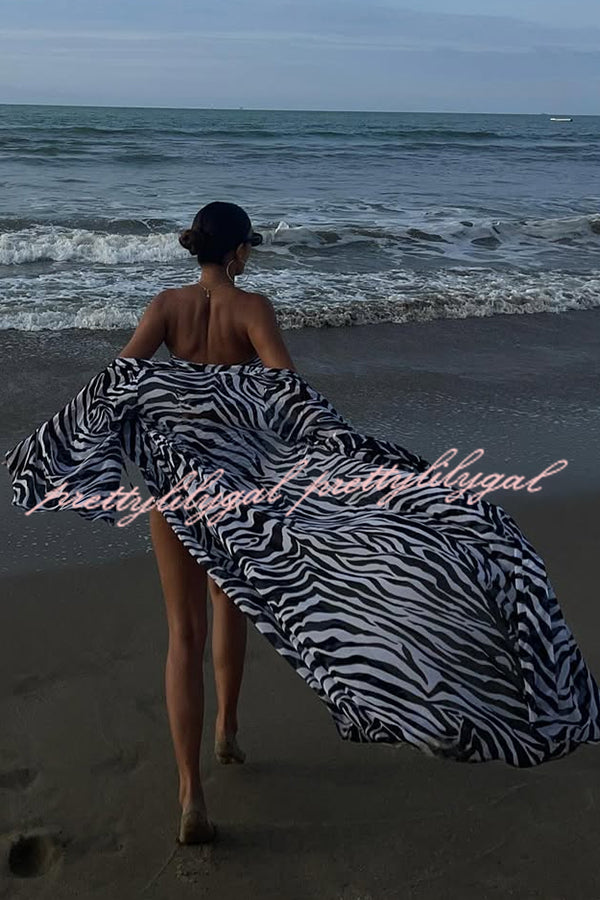 Marsie Zebra-print Elastic Drawstring Waist Long Bell Sleeve Cover-up Kimono