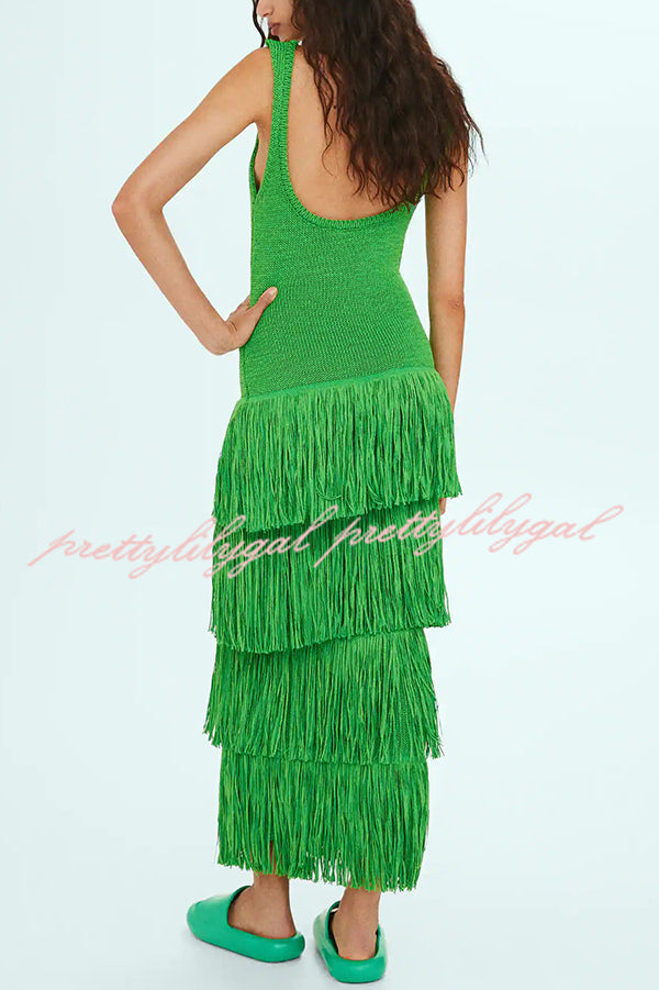 Solid Color Sleeveless Slim Fit Fringed Hem Knitted Midi Dress