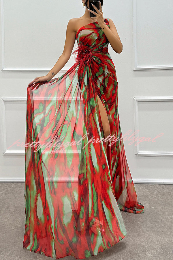 Amazing Views Watercolor Print Feather Rose Detail Off Shoulder Pleated Slit Maxi Dress