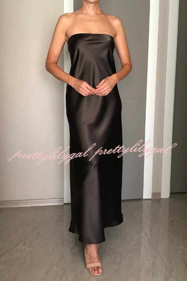 Satin Solid Color Elegant Strapless Slim Maxi Dress