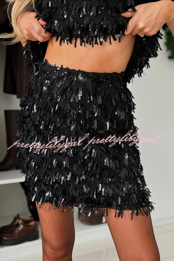 Polished Uptown Sequin Tassel Round Neck Short Sleeve Top and Elastic Waist Mini Skirt Set