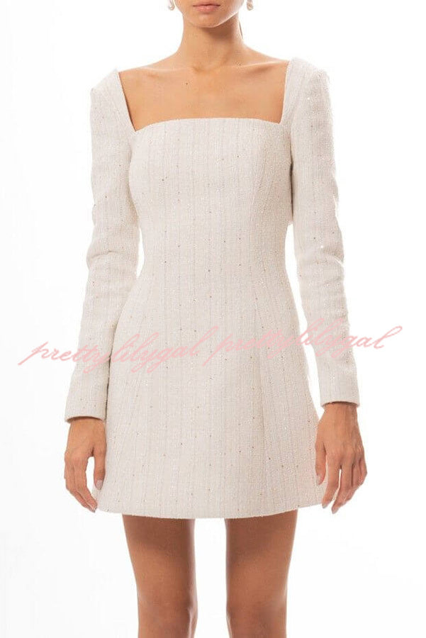 Chic Playful Vibes Tweed Square Neck Open Back Bows Mini Dress