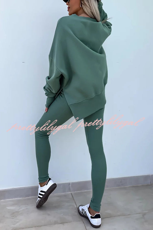 Solid Color Loose Long Sleeve SlitSweatshirt and Elastic Waist Tight Pants Set