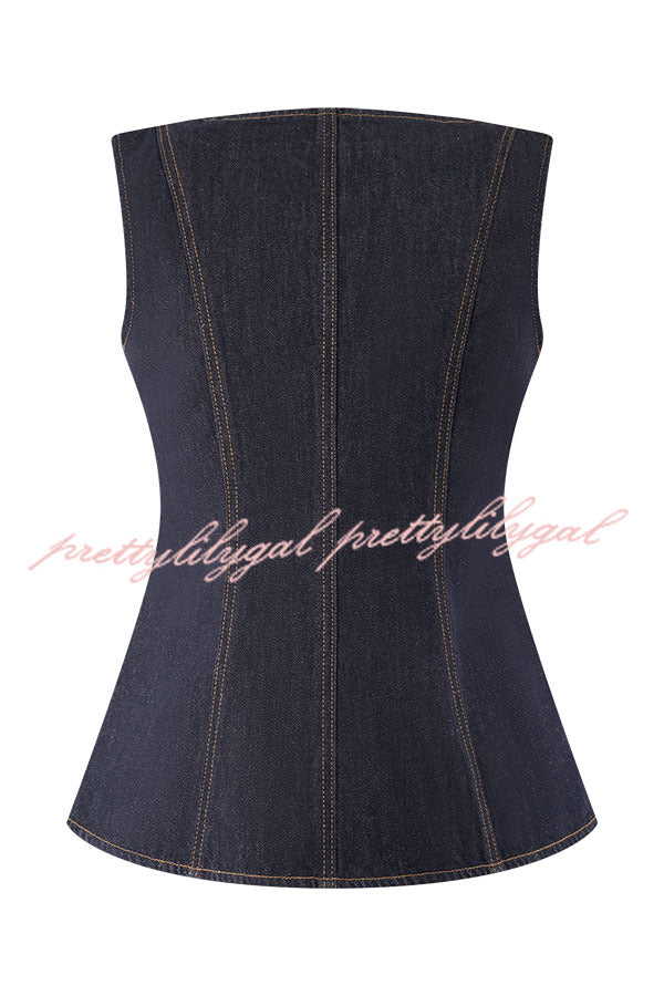 Stassi Denim Square Neck Unique Button Up Princess Seams Vest Top